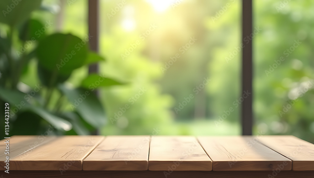 Poster a minimalist wooden table sits empty amidst a blurred green garden view through the window, perfect 