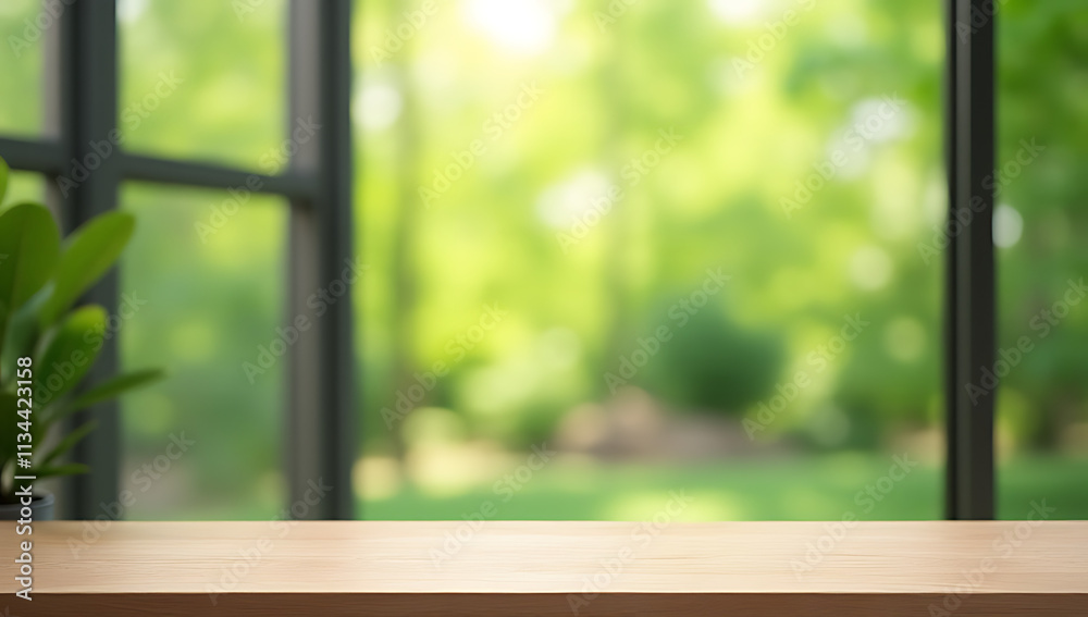 Poster a minimalist wooden table sits empty amidst a blurred green garden view through the window, perfect 