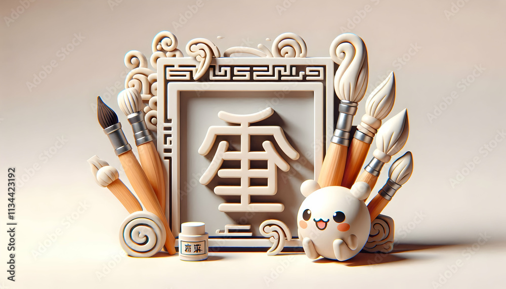 Wall mural 3D Rectangular border frame with Chinese calligraphy brushes and Art wording copy space on the side. concept as A static shot of a rectangular border frame featuring traditional Chinese calligraphy br