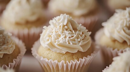 A close-up of delicious cupcakes with creamy frosting and coconut flakes.