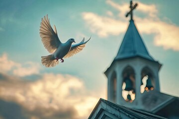 Fototapeta premium A peaceful dove flying over a church steeple with bells ringing