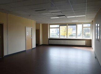 Fototapeta premium Empty Room with Large Windows and Wooden Floor