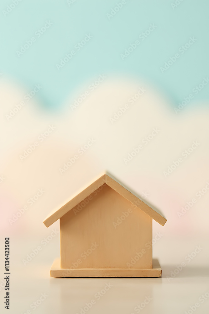 Poster a miniature wooden model of a house with a soft pastel colored sky in the background is created._000
