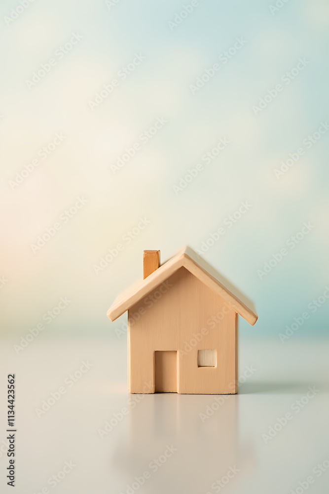 Poster a miniature wooden model of a house with a soft pastel colored sky in the background is created._000