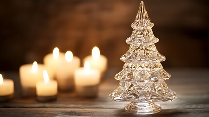 A shiny glass Christmas tree placed on a vintage table with soft candlelight glowing nearby