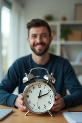 A man sits at his desk holding an alarm clock, illustrating the relationship between time and productivity._00002_