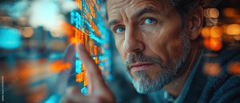 Poster man interacting with digital data display