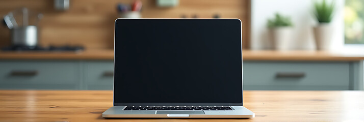 A laptop sits on a wooden table in front of a blurred kitchen background with its blank screen facing forward._00001_