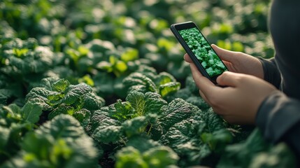 Farmer's hand is photographing fresh organic parsley leaves in the plantation with a cell phone