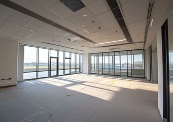 Obraz premium Empty Office Space With Large Windows and Carpet