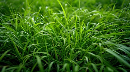 Fototapeta premium Lush Green Grass with Fresh Dew Drops in a Tranquil Natural Setting