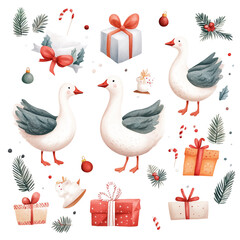 Obraz premium Christmas Geese and Festive Gifts Watercolor Illustration