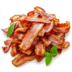 pile of crispy bacon isolated on white background.