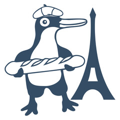Penguin French Baguette Travel Paris France Sweet Design Lover Art Vector Illustration Card T-Shirt Poster Sticker Graphic Print Decorative Drawing Isolated Logo Decoration Symbol Creative Cool Style