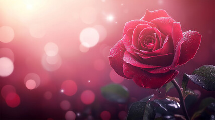 Roses Bouquet and Hearts background. Valentine or Wedding background. Romantic red rose bouquet for Valentine's Day. Bokeh pink lights background