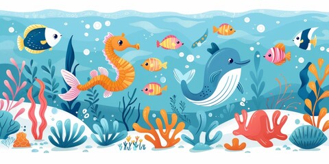 Fototapeta premium Underwater scene with cute cartoon sea animals