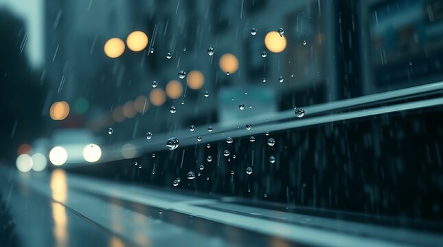 A dynamic cinematic digital image of an algorithm processing data in a wet rainy scene, extreme macro close-up emphasizing water droplets and textures with soft focus, hazy background and blurred line