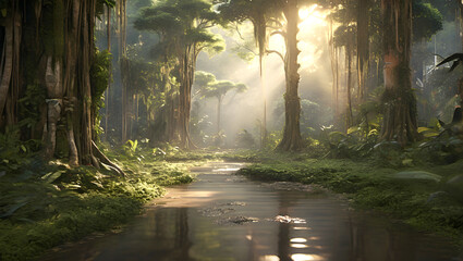 Obraz premium Tropical magic forest with old trees, liana climbing vines, rainforest woody vines, beautiful river wallpaper. Beautiful nature landscape.