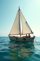A business model is being tested using a makeshift boat constructed from recycled paper on the ocean under sunlight._00001_