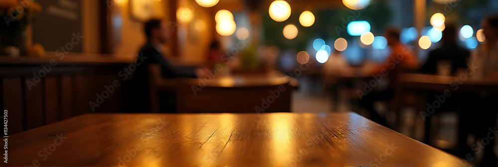 Poster a blurred wood table is partially visible in the dimly lit background of a bustling nighttime café o