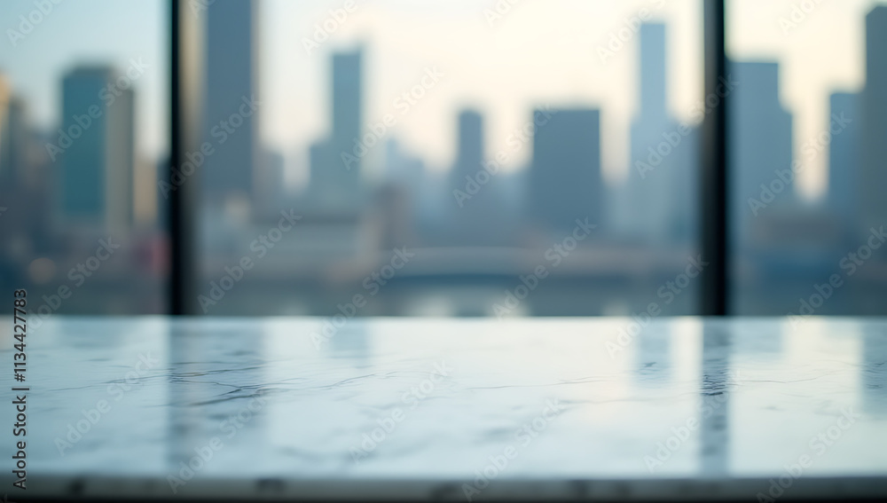 Poster A blurred cityscape is visible through a frosted marble table top with a subtle blurred window glass effect in the background._00001_