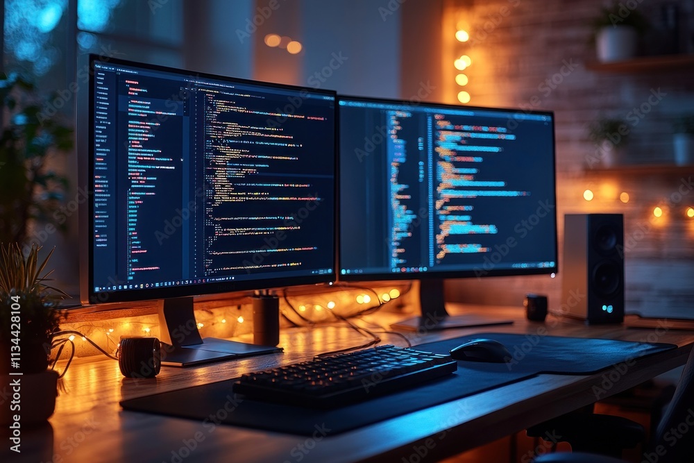 Poster dual monitors displaying coding in a cozy workspace