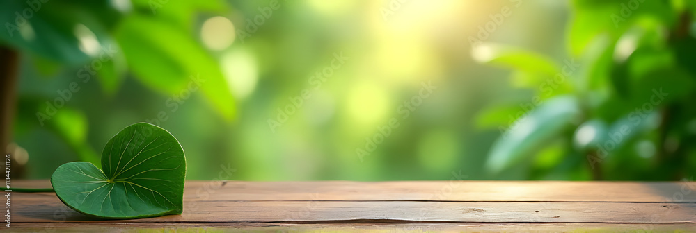 Poster A beautiful tropical background features a wooden table top empty except for a lush green leaf from the garden._00001_