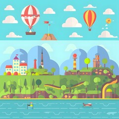 Flat Design Illustration Of A Fantasy World With Hot Air Balloons And A Small Plane