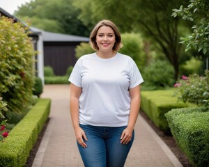 Fototapeta premium Plus size young woman with short hair wearing white oversized t-shirt and jeans standing in the garden