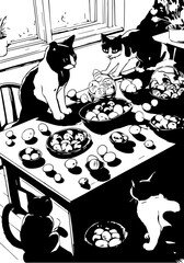 Many cats gathered to decorate the table for Easter
