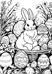 Bunny with Easter eggs in the garden
