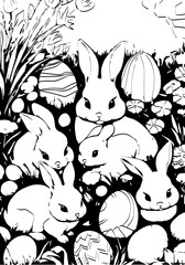 Bunnies in the garden with Easter eggs

