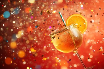 Cocktail with orange slice and confetti on red.