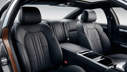 The front seats and headrests in this modern car interior are incredibly comfortable, with sleek black leather upholstery and an elegant design perfect for a luxurious ride