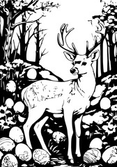 Beautiful deer in the middle of the forest with Easter eggs
