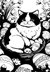 Black and white cat with Easter eggs
