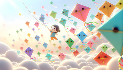 3D Soft abstract image of colorful kites soaring against a bright sky with ample copy space. concept as Colorful kites float effortlessly against a bright soft focused sky symbolizing freedom and joy 