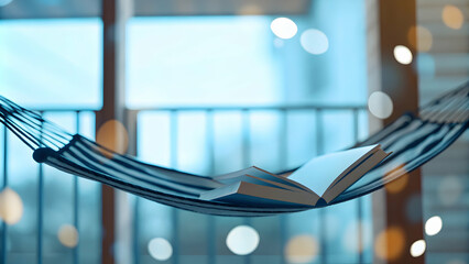 Floating Retirement Hammock and Book on White Background Symbolizing Relaxation and Personal Milestones with Soft Abstract Lines