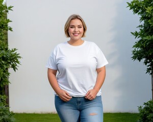 Plus size young woman with short hair wearing white oversized t-shirt and jeans standing in the garden