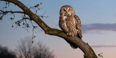 Obraz premium Wise owl perched on tree branch at twilight