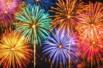 Fototapeta premium Colorful fireworks bursting against dark sky.