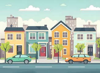 Fototapeta premium Colorful Suburban Houses Street View Illustration