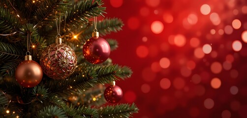 Christmas Tree In Red Shiny Glittering Background - Baubles Hanging On Fir With Abstract Lights