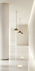Modern Minimalist Interior Design with  Suspended Lighting and White Walls