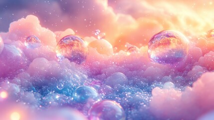 Dreamy pastel clouds and bubbles reflecting sunlight create a magical atmosphere at sunset in an ethereal landscape