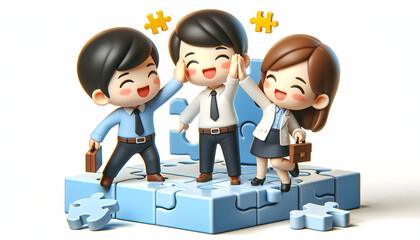 Fototapeta premium 3D Team members high fiving after completing a puzzle candid photo copy space below. concept as Team members high fiving in celebration after completing a puzzle capturing the joy and success of colla
