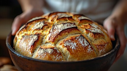 Baker Revealing Perfectly Baked Artisan Bread in Dutch Oven