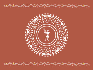Traditional Indian ornament with decorative pattern and stylized musician in the center. Sora art of Idittals or Warli painting.
