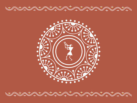 Traditional Indian ornament with decorative pattern and stylized musician in the center. Sora art of Idittals or Warli painting.