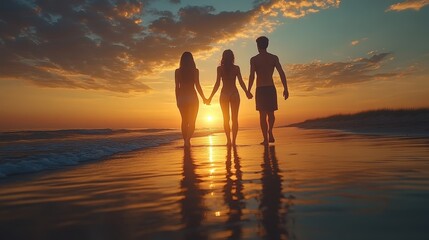 A silhouette of three people walking hand-in-hand along a beach at sunset.
